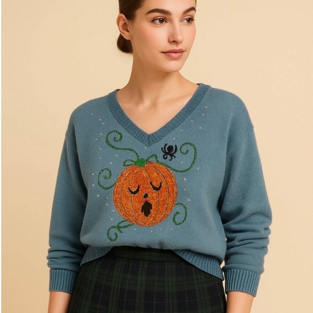 Vintage Halloween Sequin Jack O Lantern Pumpkin Coastal Grandma Sweater